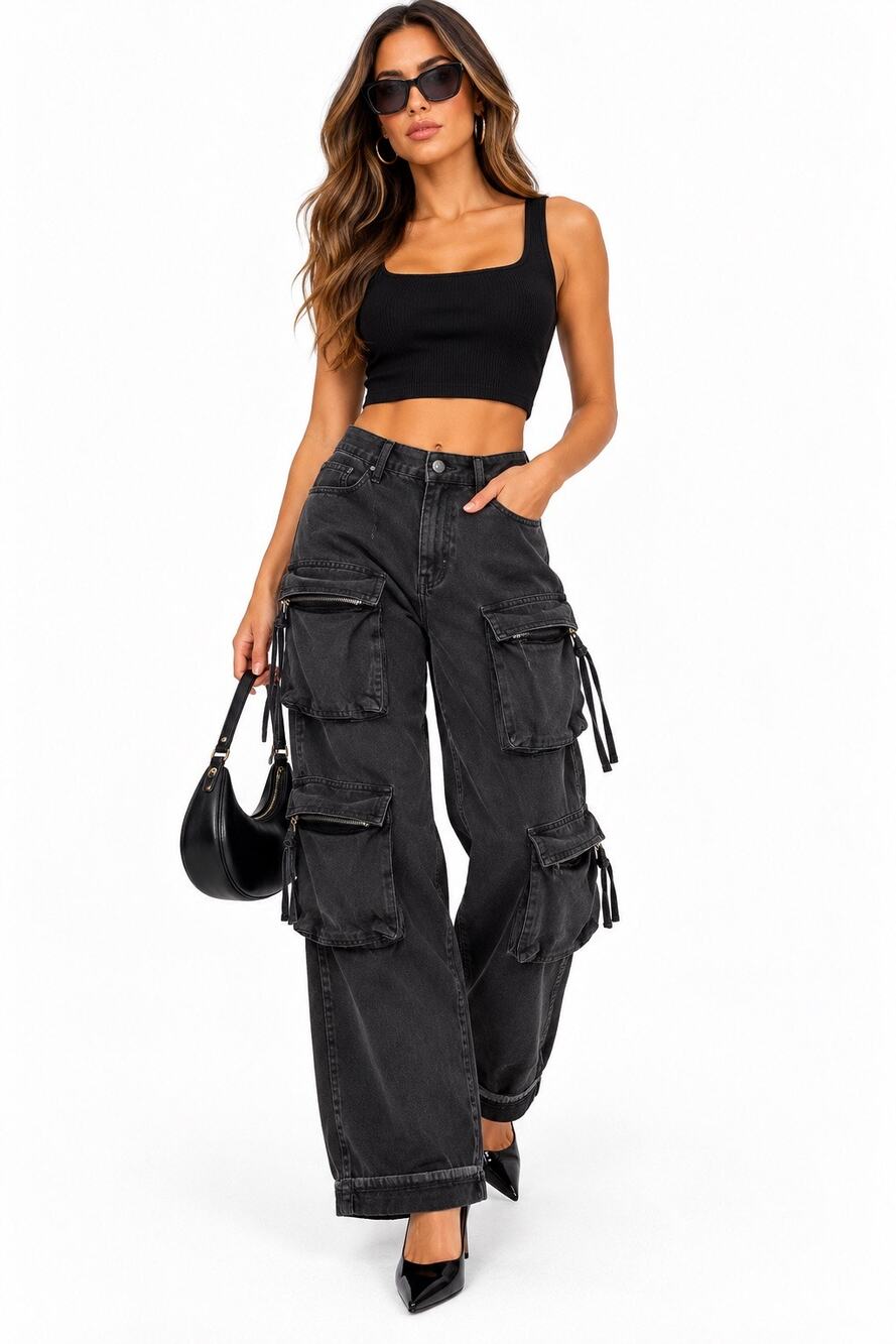 Zara Black Multi Pocket Cargo Pants Women’s 10 Utility Y2K Wide Leg 100% Cotton